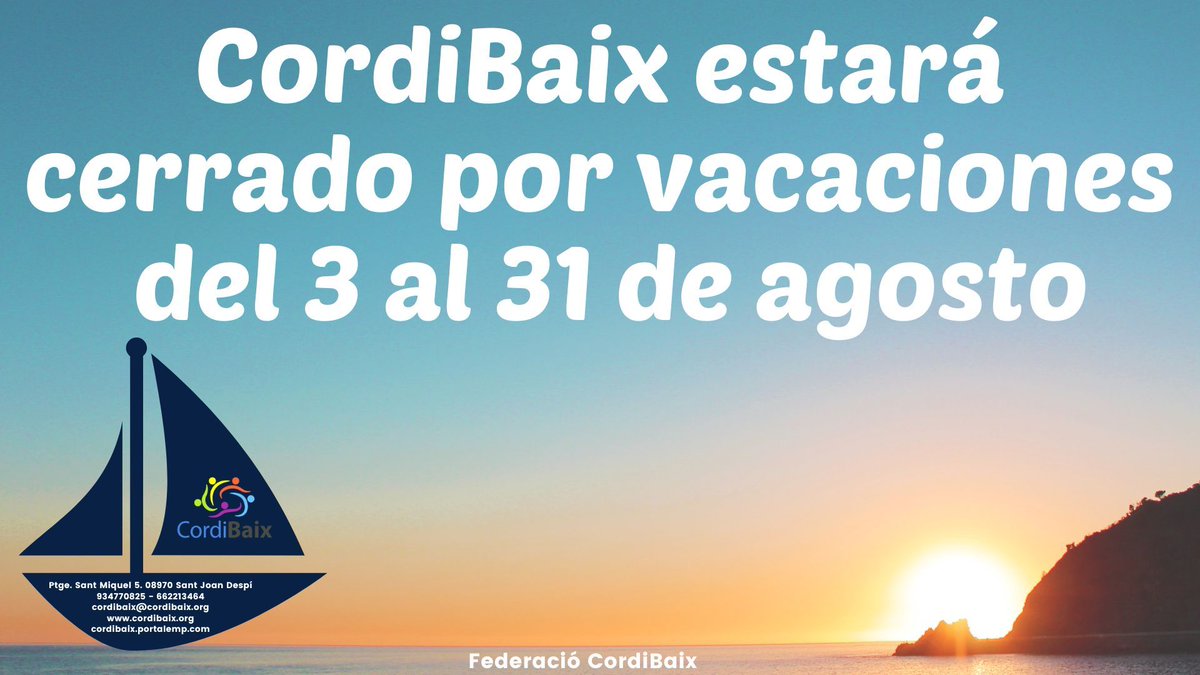 📢 CordiBaix estarà tancat del 3 al 31 d’agost per vacances d’estiu 🌞

Tornem l’1 de setembre amb les piles ben carregades per seguir treballant per la inclusió 💪

Bon estiu! 🌻
#CordiBaix #Vacances #Inclusió #BaixLlobregat