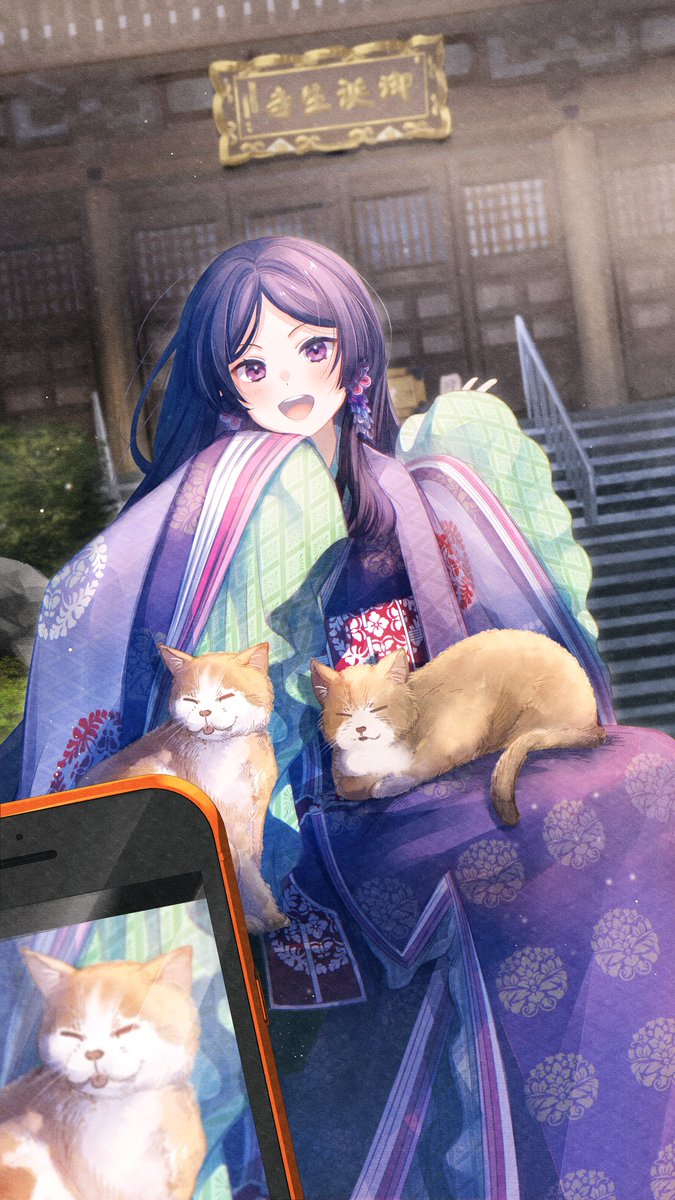 【#しきまいの夏休み 第一弾✨】

越前市 御誕生寺、通称「猫寺」。
たくさんの猫に囲まれ二人は大興奮‼
「まい様ｧ‼猫がひざに…‼今シャッターチャンスですわよ‼」
「はいはい…撮るよー」
二人の思い出の１枚目はどんな風に撮れたでしょうか？

📷壱十九様