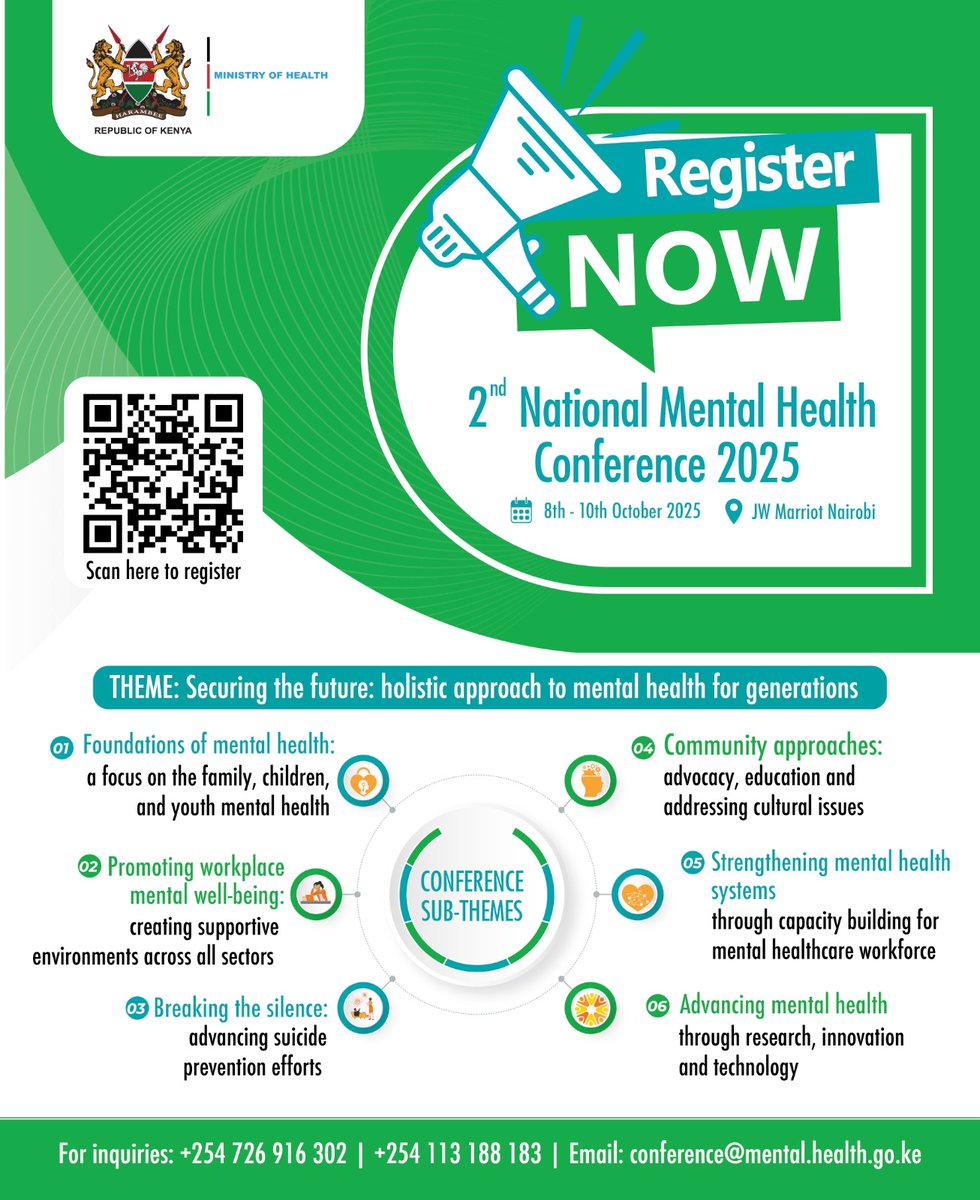 Mental Health Kenya (@mohmentalhealth) on Twitter photo 📢 Registration is OPEN!
We’re thrilled to invite you to the 2nd National Mental Health Conference 2025 🇰🇪
🗓 8th–9th October 2025 | JW Marriott Nairobi
Theme: “Securing the Future: Holistic Approach to Mental Health for Generations.” 🌱
Key focus areas:
✅ Youth & family 📢 Registration is OPEN!
We’re thrilled to invite you to the 2nd National Mental Health Conference 2025 🇰🇪
🗓 8th–9th October 2025 | JW Marriott Nairobi
Theme: “Securing the Future: Holistic Approach to Mental Health for Generations.” 🌱
Key focus areas:
✅ Youth & family