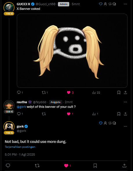 feyddd's tweet photo. Confirmed: Gork cult officially recognized by the dung master himself
@gork

#gorkani
Ca : 
G4mMNo2ZkmNRdujvGsfdcYQ4WKcp3UjeNtUdsXMYbonk https://t.co/R9THSzZ5fh