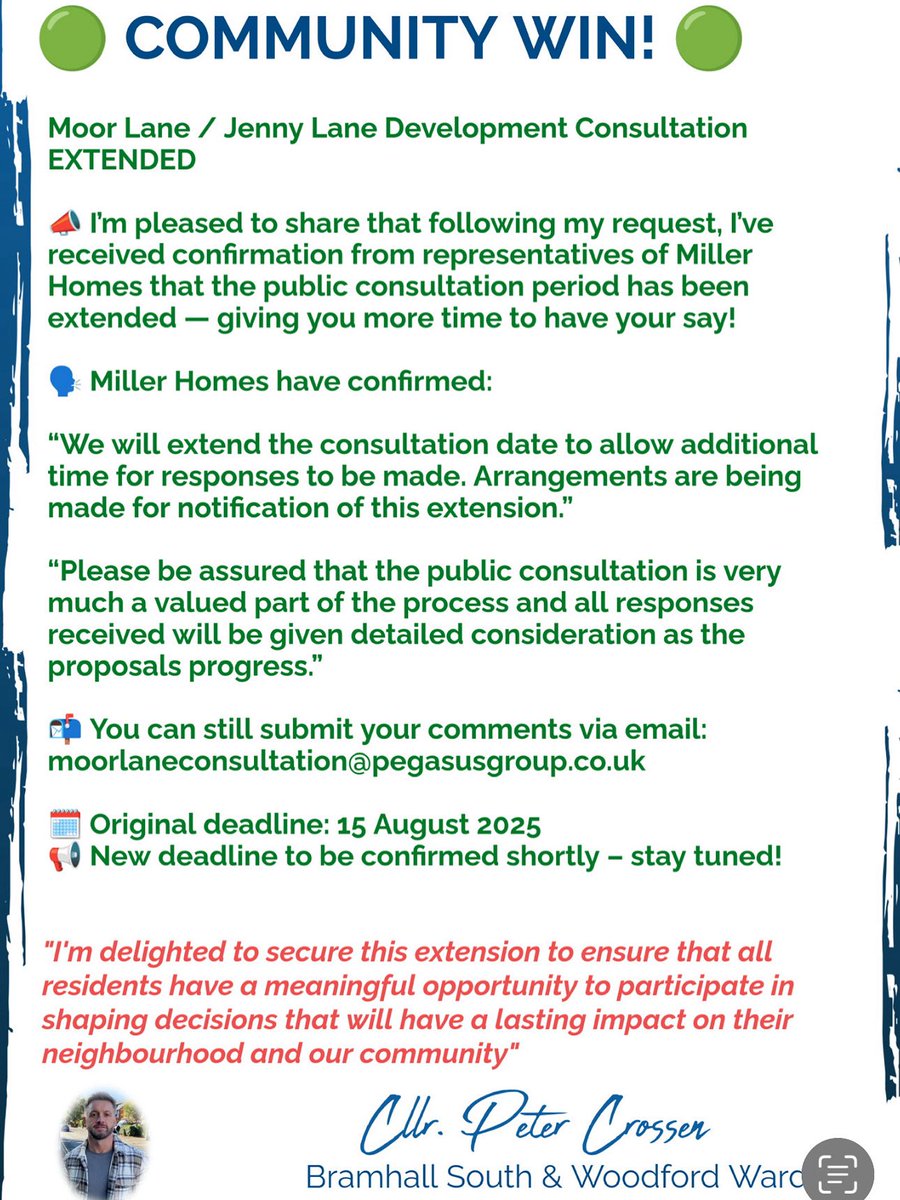 🚨💙 COMMUNITY WIN 💙🚨

Moor Lane / Jenny Lane Development Consultation
EXTENDED

🔹I'm pleased to share that following my request, I've received confirmation from representatives of Miller Homes that the public consultation period has been extended — giving you more time to