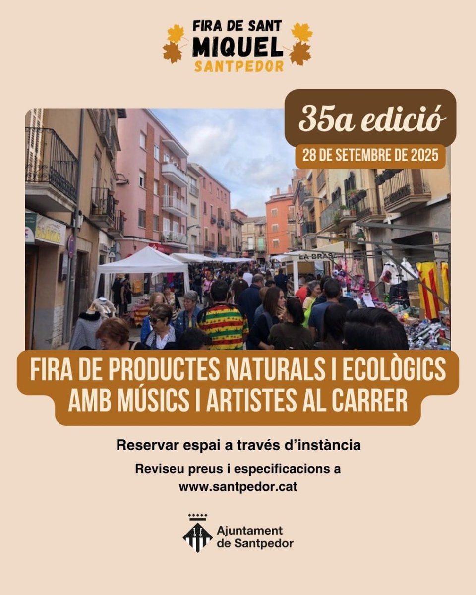 🔊Fira de productes naturals i ecològics amb música i art al carrer.

🗓 28/9/25, 10-20 h
📆 Inscripció fins al 30/8

✅ Cal alta a Hisenda i SS
📝 Presenta instància a l’Ajuntament amb descripció i fotos

ℹ️ Més informació: bit.ly/4fgTRea