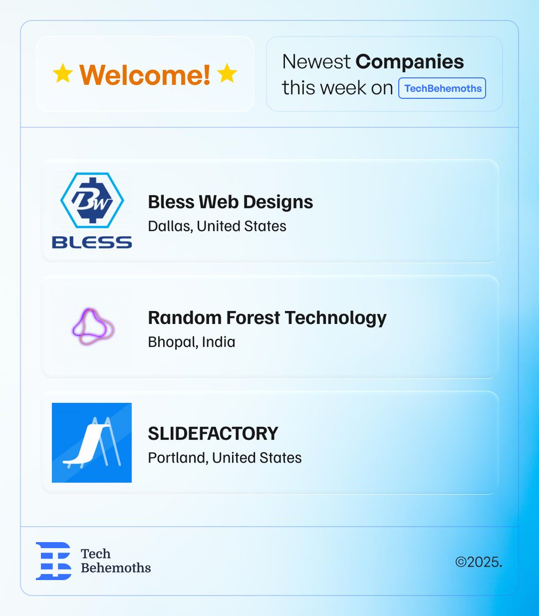 TechBehemoths (@techbehemoths) on Twitter photo Big welcome to <a href="/blesswebdesigns/">Bless Webdesigns</a>, <a href="/RandomForestLLP/">Random Forest Technology</a> & <a href="/slidefactoryllc/">SLIDEFACTORY</a> — this week’s top newcomers on TechBehemoths! 🚀
Already making waves in design, AI & digital innovation.
Glad to have you with us! 💙#TechBehemoths #TopNewcomers #GlobalTechCommunityAsk Big welcome to <a href="/blesswebdesigns/">Bless Webdesigns</a>, <a href="/RandomForestLLP/">Random Forest Technology</a> & <a href="/slidefactoryllc/">SLIDEFACTORY</a> — this week’s top newcomers on TechBehemoths! 🚀
Already making waves in design, AI & digital innovation.
Glad to have you with us! 💙#TechBehemoths #TopNewcomers #GlobalTechCommunityAsk