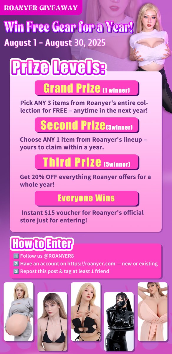 🎉 ROANYER GIVEAWAY 🎉
📅 August 1 – August 2, 2025
🏆 Winners announced: August 31
✨ Prizes
🥇 1st Prize (1 winner)
Choose any 3 Roanyer new releases from the coming year
🥈 2nd Prize (3 winners)
Choose 1 Roanyer new release from the coming year
🥉 3rd Prize (5 winners)
Enjoy