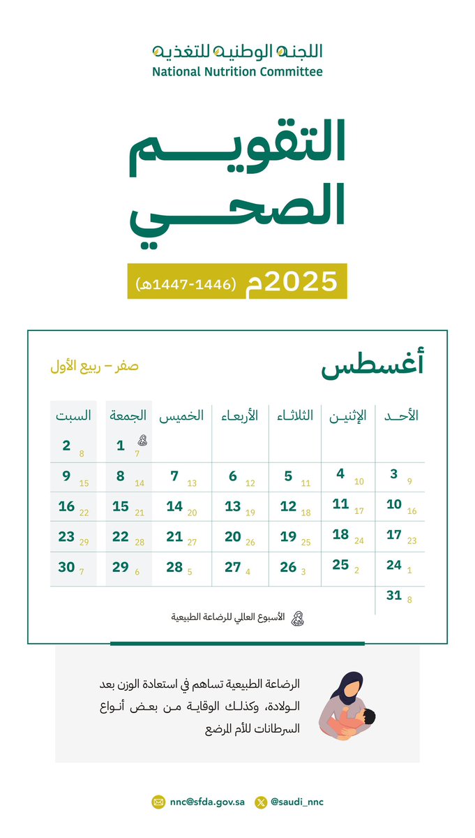 مع بداية أغسطس، #التقويم_الصحي يذكّرك بأن الغذاء المتوازن يبدأ بالتخطيط.
ضع صحتك أولًا، واجعل وجباتك أكثر وعيًا.
#اللجنة_الوطنية_للتغذية