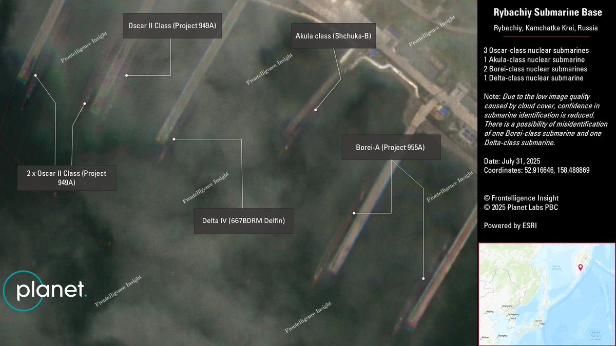 According to imagery from July 31, analyzed by Frontelligence Insight, seven Russian nuclear submarine remained in port during the recent earthquake and tsunami. No significant damage to the submarine was observed; the only visible damage appears to be a detached floating pier.