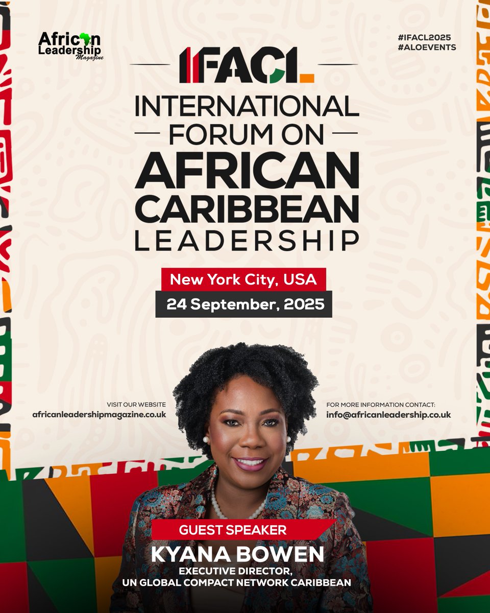 African Leadership Magazine (@africanlm) on Twitter photo Driving Impact & Inclusion: Meet Kyana Bowen at IFACL 2025
A catalyst for sustainable leadership in the Caribbean, Kyana Bowen, Executive Director of the <a href="/globalcompact/">UN Global Compact</a> Caribbean, will be joining the stage as a guest speaker at IFACL 2025 in New York City.
Bowen has been at Driving Impact & Inclusion: Meet Kyana Bowen at IFACL 2025
A catalyst for sustainable leadership in the Caribbean, Kyana Bowen, Executive Director of the <a href="/globalcompact/">UN Global Compact</a> Caribbean, will be joining the stage as a guest speaker at IFACL 2025 in New York City.
Bowen has been at