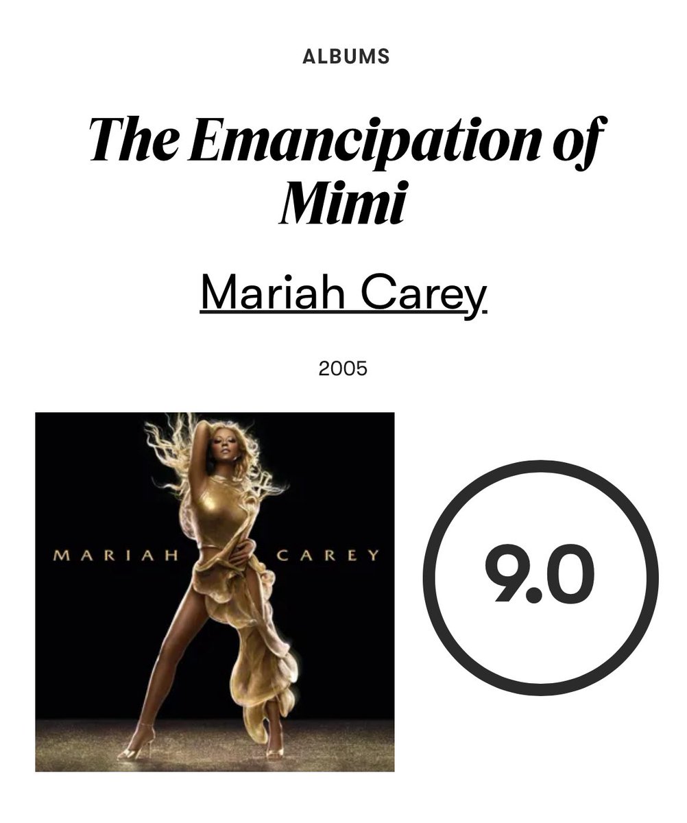 Here are Mariah Carey’s non-holiday albums reviewed by Pitchfork, ranked from lowest to highest rating. Do you agree with these scores?

1.  Caution 7.5
2.  Me. I Am Mariah… The Elusive Chanteuse 7.7
3.  Daydream 7.9
4.  The Emancipation of Mimi 9.0
Let us know your thoughts!