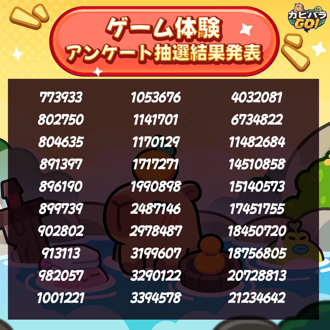 【ゲーム体験アンケート抽選結果発表】
カピカピ～！🍊
今回アンケートに多数ご参加いただき、誠にありがとうございました!
当選者の皆様、おめでとうございます! 🎊✨
メールをご確認の上、お早めに報酬をお受け取りくださいませ！