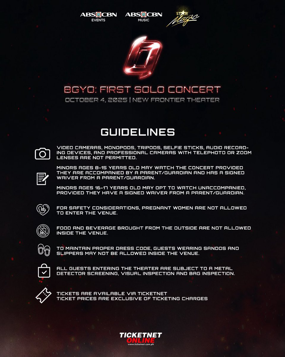 BGYO_PH (@bgyo_ph) on Twitter photo The moment we've been waiting for is finally here π₯
ACEs, here are the ticket prices and perks, seatmap and guidelines for 'BGYO: THE FIRST SOLO CONCERT' β€οΈ 
See you on October 4, 2025 at the New Frontier Theatre!
Tickets will go onsale on August 11! Set your alarms!π¨ The moment we've been waiting for is finally here π₯
ACEs, here are the ticket prices and perks, seatmap and guidelines for 'BGYO: THE FIRST SOLO CONCERT' β€οΈ 
See you on October 4, 2025 at the New Frontier Theatre!
Tickets will go onsale on August 11! Set your alarms!π¨