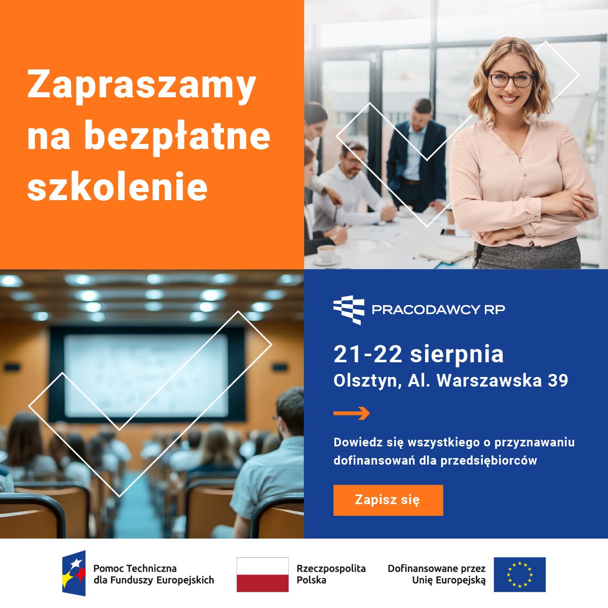 Dzień dobry, Olsztyn!
Zapraszamy na szkolenie, podczas którego omówimy kluczowe kwestie związane z przyznawaniem finansowania dla przedsiębiorców. Rozwiejemy wszelkie wątpliwości i odpowiemy na pytania w następujących obszarach:

✅ Zasady przyznawania wsparcia dla