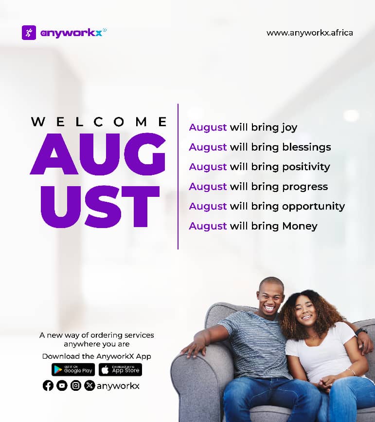 Hello August! 🌟
New month, new energy, new possibilities! 💜

This August, we’re claiming joy, blessings, progress, and opportunities —

With AnyworkX, convenience is always just a tap away.

📲 Download the app now and book trusted vendors wherever you are.

#HappyNewMonth