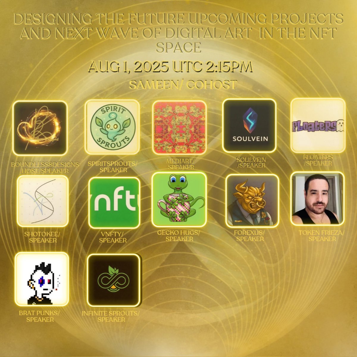 8BOUNDLESS8DESIGNS8 (@8boundless) on Twitter photo See you all in 4 hours twitter space everyone AUG 1 UTC 2:15PM hosted by <a href="/8BOUNDLESS/">8BOUNDLESS8DESIGNS8</a> <a href="/peculiarsinc/">PECULIARS</a> <a href="/blockchain_ride/">Blockchain⛓BANDIT</a> <a href="/PawpularApp/">Pawpular-Mint Live</a> <a href="/Gensuki_/">GENSUKI ⚡️</a> <a href="/StarDawgs/">StarDawgs</a> <a href="/MadStyleArts/">Mad Style NFTs</a> <a href="/GorillaApechain/">JK Labs</a> <a href="/rocketofsolana/">Rocket</a> <a href="/mudmavericks/">Mud Mavericks</a> <a href="/The_MechaVerse/">MechaBotsNFT</a> <a href="/samuziNFT/">SAMUZI</a> <a href="/MornovaArt/">MornovaArt</a> <a href="/TurtleToddlers/">Turtle Toddlers NFTs</a> See you all in 4 hours twitter space everyone AUG 1 UTC 2:15PM hosted by <a href="/8BOUNDLESS/">8BOUNDLESS8DESIGNS8</a> <a href="/peculiarsinc/">PECULIARS</a> <a href="/blockchain_ride/">Blockchain⛓BANDIT</a> <a href="/PawpularApp/">Pawpular-Mint Live</a> <a href="/Gensuki_/">GENSUKI ⚡️</a> <a href="/StarDawgs/">StarDawgs</a> <a href="/MadStyleArts/">Mad Style NFTs</a> <a href="/GorillaApechain/">JK Labs</a> <a href="/rocketofsolana/">Rocket</a> <a href="/mudmavericks/">Mud Mavericks</a> <a href="/The_MechaVerse/">MechaBotsNFT</a> <a href="/samuziNFT/">SAMUZI</a> <a href="/MornovaArt/">MornovaArt</a> <a href="/TurtleToddlers/">Turtle Toddlers NFTs</a>