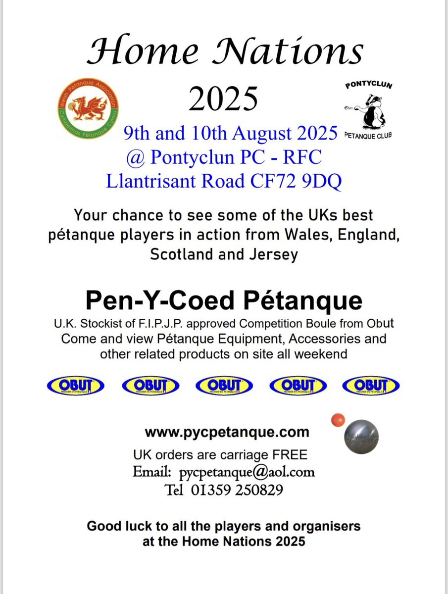 Pontyclun RFC (@pontyclunrfc) on Twitter photo Next weekend we are very proud to be hosting the Petanque Home Nations! Spectators welcome to watch the best of the best in action!
#Petanque
#homenations
#notjustarugbyclub
<a href="/welshpetanque/">Welsh Petanque</a> Next weekend we are very proud to be hosting the Petanque Home Nations! Spectators welcome to watch the best of the best in action!
#Petanque
#homenations
#notjustarugbyclub
<a href="/welshpetanque/">Welsh Petanque</a>