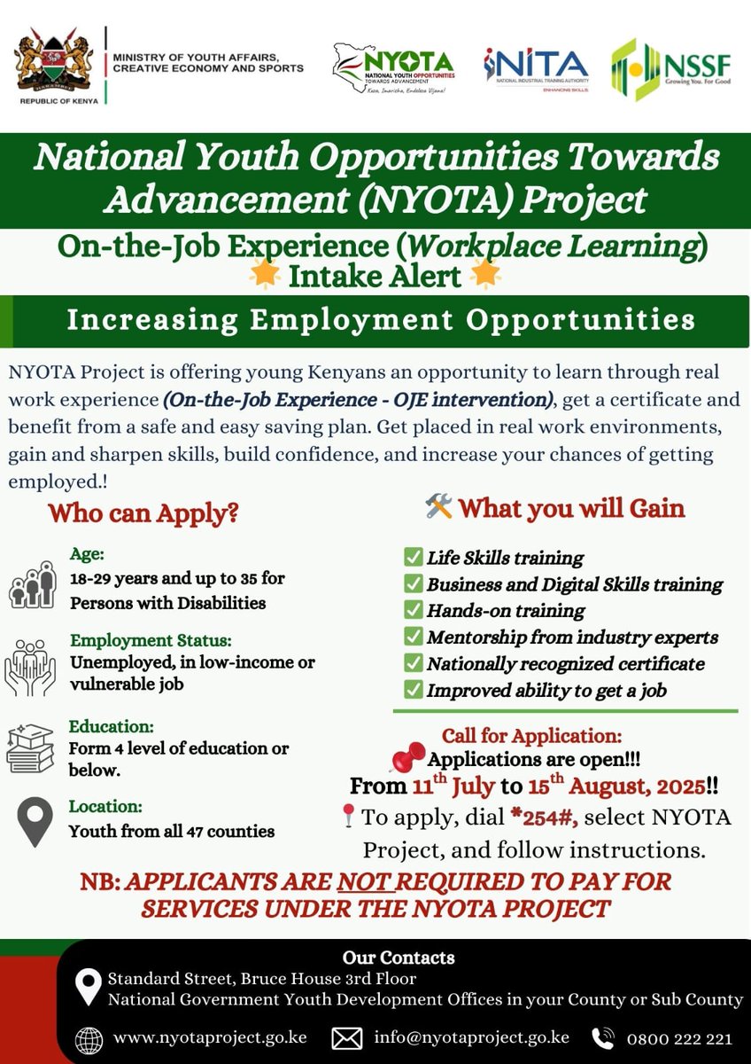 New month new beginnings, new opportunities for youths in Kilifi County. Applications are still ongoing. Simply dial *254# and apply for the NYOTA project on the job experience 
Apply on or before 15th August 2025