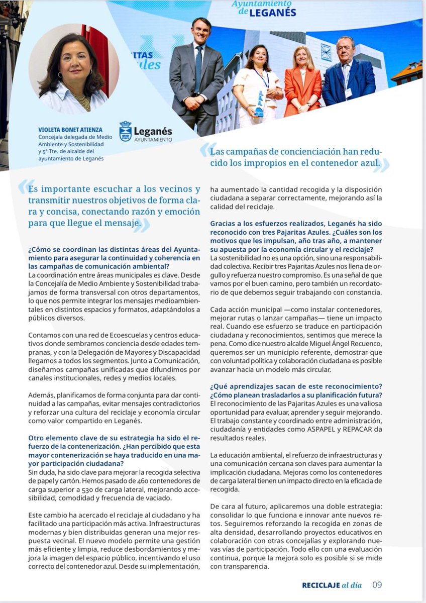 Medio Ambiente y Sostenibilidad de Leganés (@leganes_mamb) on Twitter photo 📰 La revista ‘Reciclaje al día’, editada por <a href="/PajaritasAzules/">PajaritasAzules TP21</a> ha entrevistado a la concejala <a href="/vbonetatienza/">Vbonetatienza</a>.
📦💙 #Leganés ha recibido este año, segundo consecutivo, la tercera pajarita azul en reconocimiento por su compromiso y estrategias para mejorar el reciclaje.
📲 Aquí 📰 La revista ‘Reciclaje al día’, editada por <a href="/PajaritasAzules/">PajaritasAzules TP21</a> ha entrevistado a la concejala <a href="/vbonetatienza/">Vbonetatienza</a>.
📦💙 #Leganés ha recibido este año, segundo consecutivo, la tercera pajarita azul en reconocimiento por su compromiso y estrategias para mejorar el reciclaje.
📲 Aquí