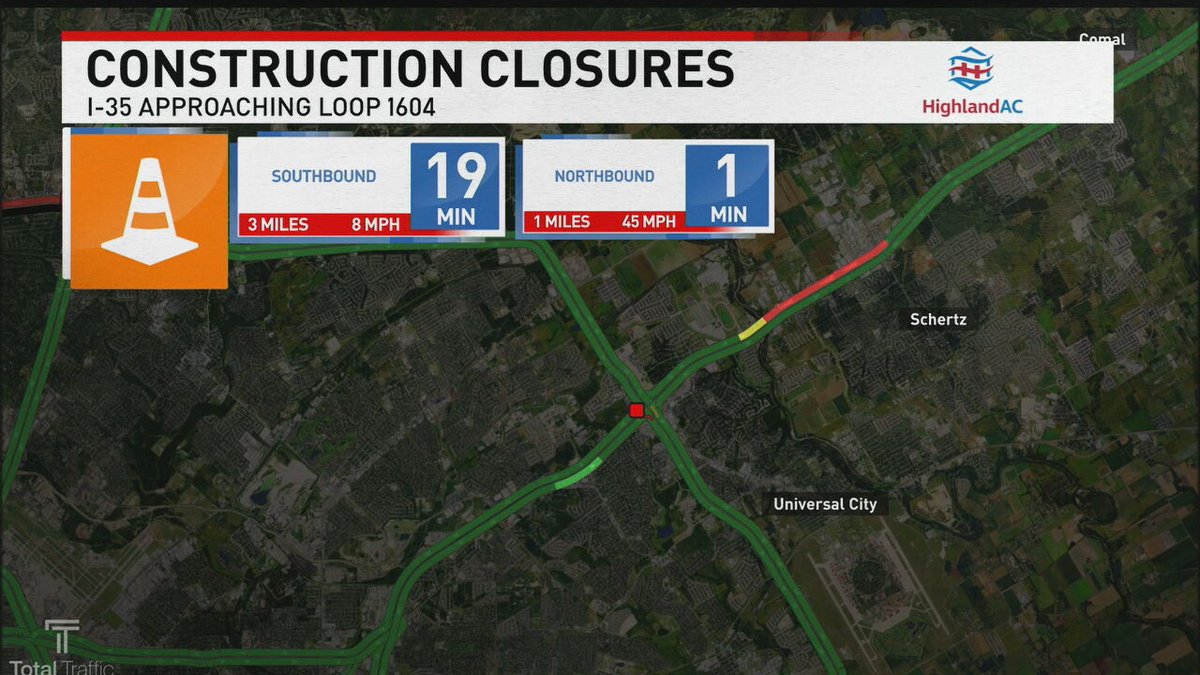 ON TIME TRAFFIC: Construction closures are causing a nearly 20-minute delay along I-35 between Roy Richard Drive almost to Loop 1604. Avoid area if possible.