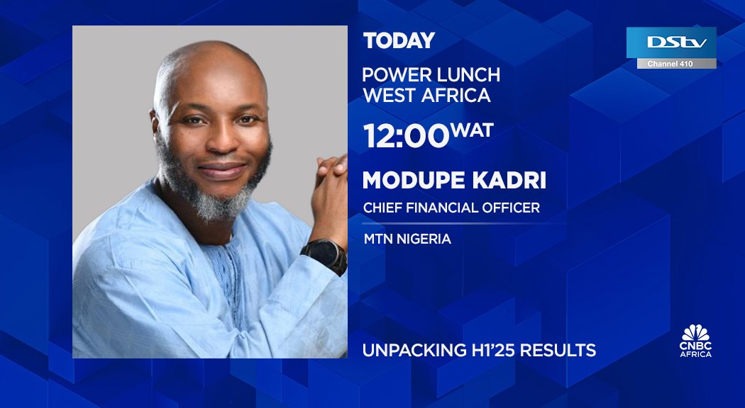 cnbcafrica's tweet photo. [WATCH] Today on #PLWA: Unpacking H1'25 results. We're joined by Modupe Kadri, Chief Financial Officer @MTNNG, for more.

📺Tune in at 12h00 WAT on #DSTV410. https://t.co/q8QJ0plV1o