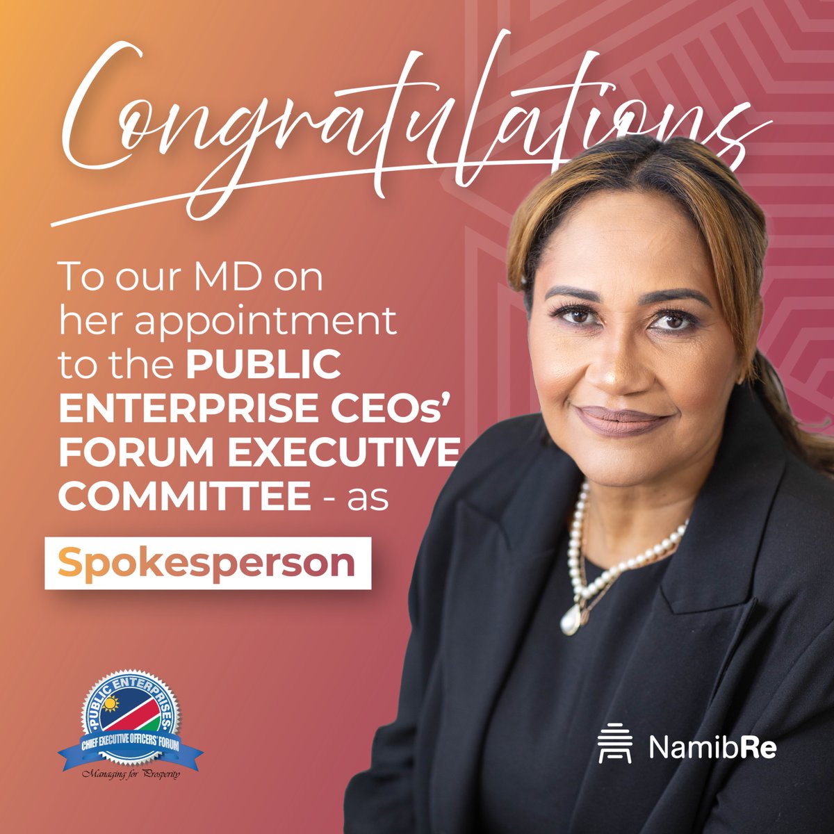 We are proud to announce that our Managing Director, Mrs. Patty Karuaihe-Martin has been appointed as the Spokesperson for the Public Enterprise CEOs’ Forum Executive Committee- 2025. 
This appointment is a testament to her visionary leadership, integrity, and commitment.