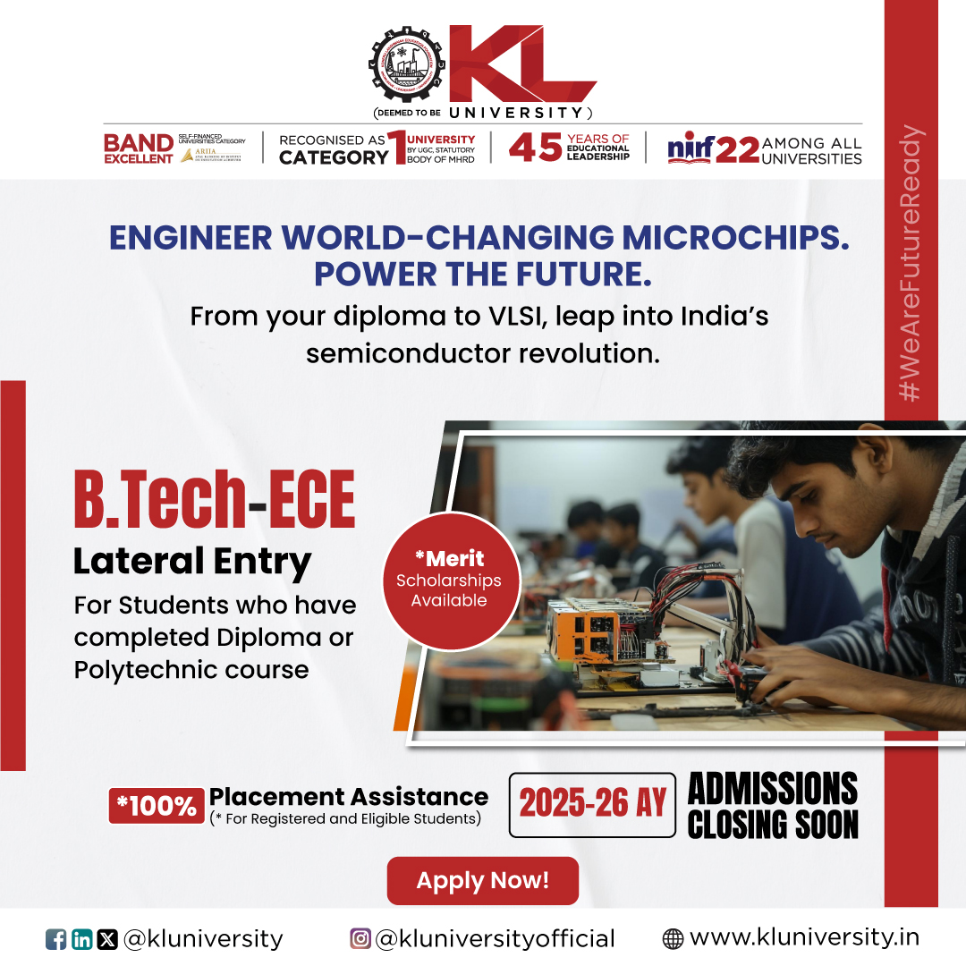 klhuniversity's tweet image. Join KLH’s B.Tech Lateral Entry – ECE program!
Dive into advanced electronics, power AI and global networks, fast-track your tech career.
 Innovate, accelerate, and lead future

kluniversity.in/admissions-202…

#KLU #btechece #btechlateralentry #lateralentryadmissions