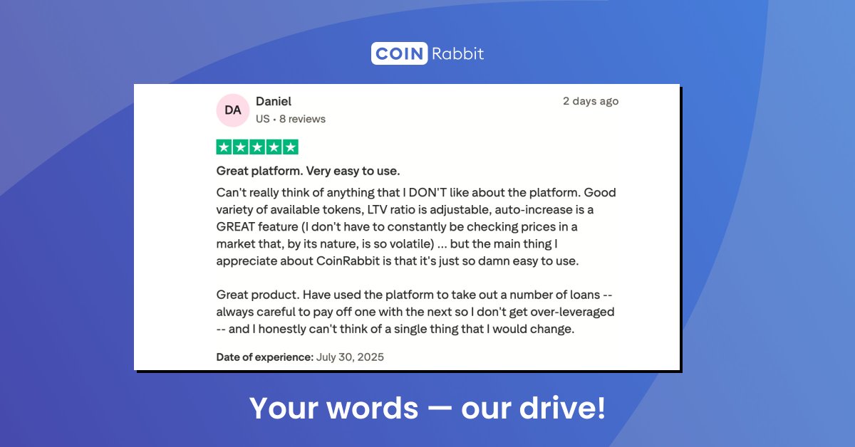 This review made our day!

Your kind words fuel us to keep making CoinRabbit better, simpler, and smoother.

Love our service? Leave a review and spread the word: trustpilot.com/review/coinrab…