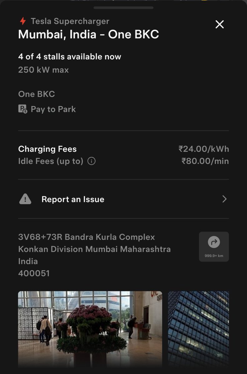 TeslaClubIN's tweet image. Tesla&apos;s First Indian Supercharger Location is now live on @Tesla platform ⚡🔋😍 - BKC, Mumbai

4 V4 Supercharger Stalls - 250kW max

Cost - ₹24/kWh 

Idle Fees - ₹80/min 

Additional - 4x 11kW Tesla Wall Connector