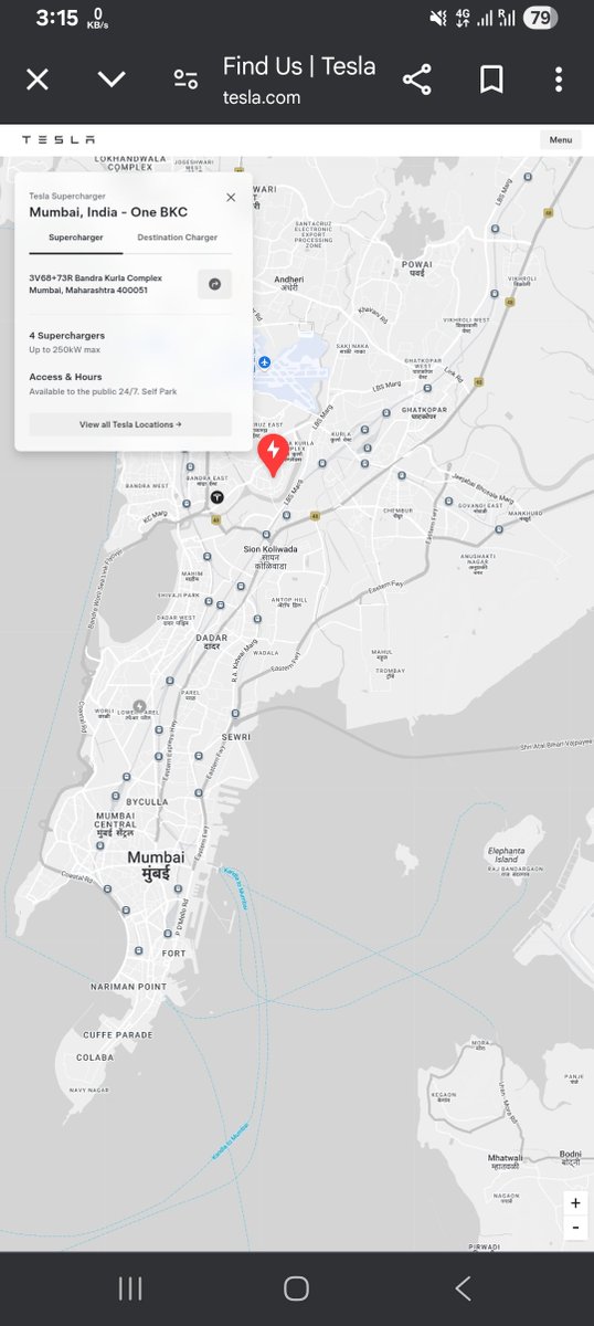 TeslaClubIN's tweet image. Tesla&apos;s First Indian Supercharger Location is now live on @Tesla platform ⚡🔋😍 - BKC, Mumbai

4 V4 Supercharger Stalls - 250kW max

Cost - ₹24/kWh 

Idle Fees - ₹80/min 

Additional - 4x 11kW Tesla Wall Connector