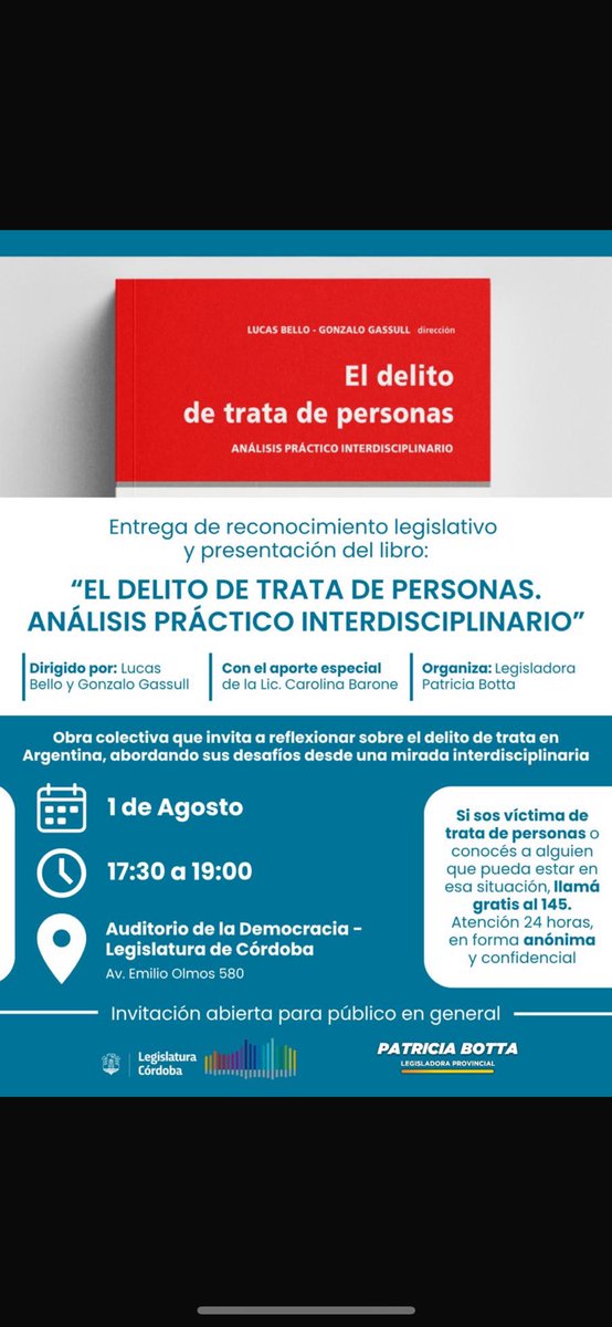 Hoy en Córdoba invitada por la legisladora <a href="/PatoBotta_/">Patricia Botta</a> para participar de una jornada sobre trata de personas y reconocimiento por el libro “el delito de trata de personas” una obra colectiva que tuve el honor de ser parte. A quienes estén en la ciudad, más que invitados!