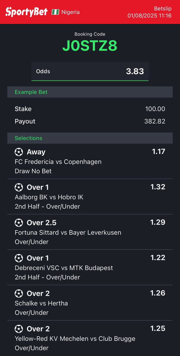 Football ⚽️on stake.com converted to sportybet⤵️

Suitable odds on sporty🚨

50odds.
Available games🚨
QEN7UN -sporty🧑🏿‍💻

5odds.
J0STZ8 -sporty👩‍💻

Follow 4 convert of codes 2 ur preferred bookies! 

Retweet 4 larger audience😤🗣️