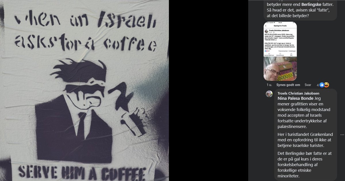 Det er den fremfærd, som det tyder på at flere danske politikere er tilhængere af, blot man kalder folk israelere og ikke jøder. 

Til eksempel har <a href="/tcjakobsen/">Troels Chr. Jakobsen (Å)</a> delt et billede, der udtrykte støtte til, at man ikke betjener israelere i Europa symboliseret ved en grafitti i Athen.