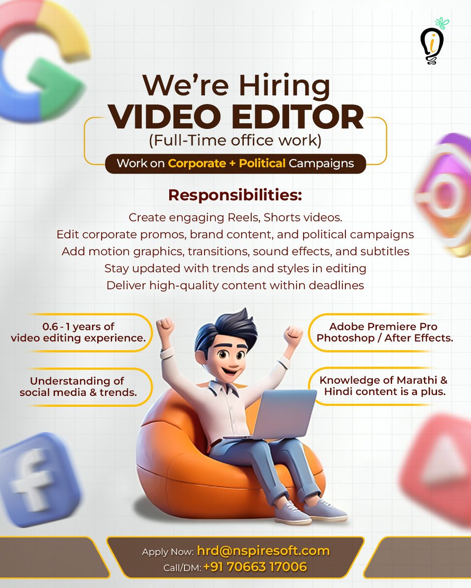 Nspiresoft (@nspiresoft) on Twitter photo We’re Hiring: Full-Time Video Editor (In-Office)
Work on Corporate & Political Campaigns.
Req: 0.6–1 yr exp, Premiere Pro & After Effects, social media savvy.
Apply: hrd@nspiresoft.com | +91 70663 1700
#NowHiring #VideoEditorJobs #CareerOpportunity #JoinOurTeam We’re Hiring: Full-Time Video Editor (In-Office)
Work on Corporate & Political Campaigns.
Req: 0.6–1 yr exp, Premiere Pro & After Effects, social media savvy.
Apply: hrd@nspiresoft.com | +91 70663 1700
#NowHiring #VideoEditorJobs #CareerOpportunity #JoinOurTeam