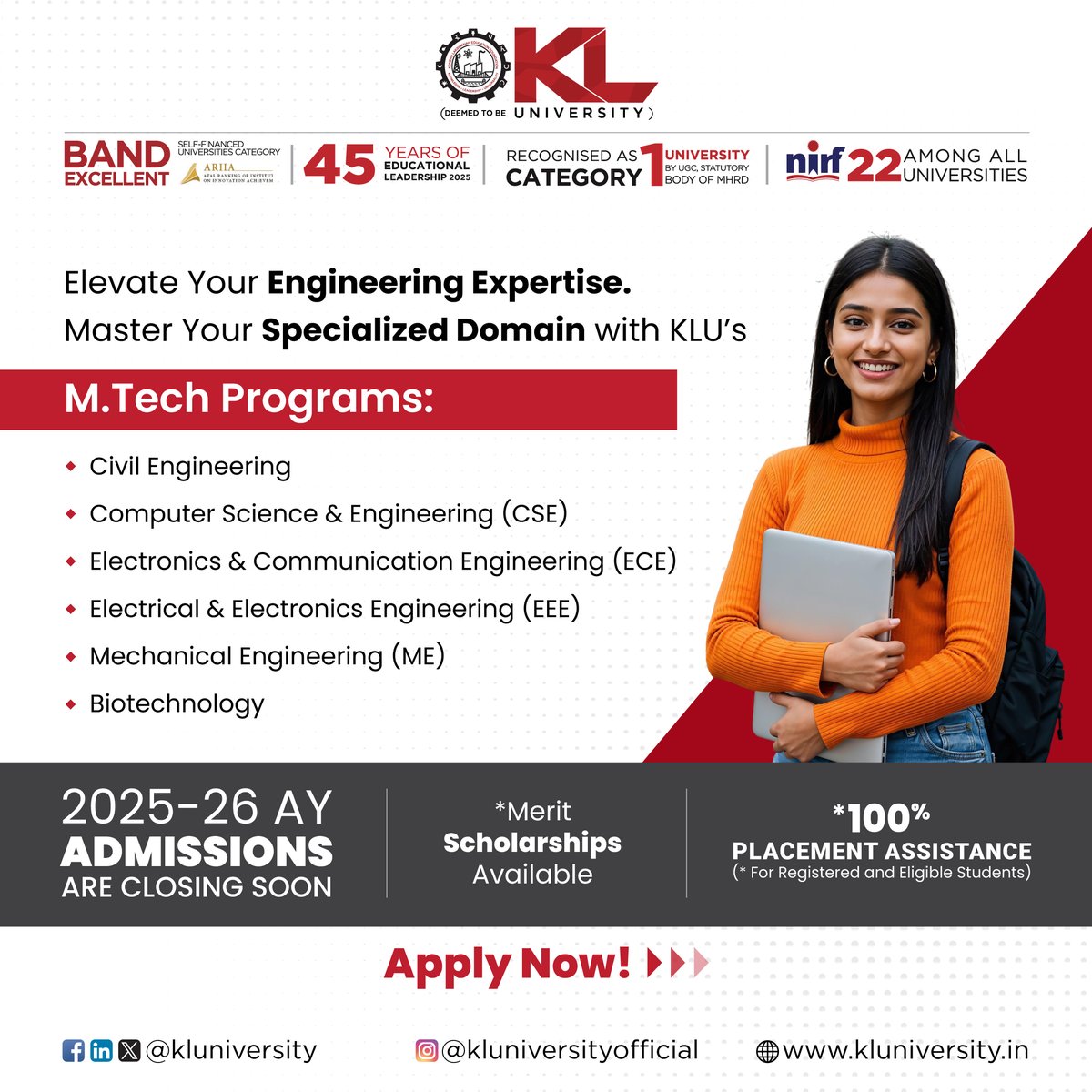 kluniversity's tweet image. KL University’s B.Tech Lateral Entry – ECE:
Power AI, build smart tech, and fast-track your career in electronics.
 Innovate and lead the future.

kluniversity.in/admissions-202…

#KLU #mtechprograms #mtechadmissions