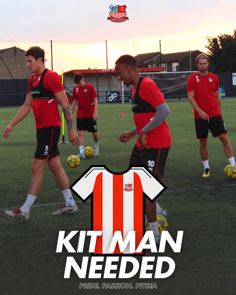 Bowers & Pitsea FC (@bowerspitseafc) on Twitter photo VACANCY
Bowers & Pitsea are hiring a Kit Man for our 1st Team for training nights and Match Days.
This is a paid role with the use of company vehicle provided for travelling to away games.
Interested parties please email bowerssponsorship@gmail.com
#upthebowers VACANCY
Bowers & Pitsea are hiring a Kit Man for our 1st Team for training nights and Match Days.
This is a paid role with the use of company vehicle provided for travelling to away games.
Interested parties please email bowerssponsorship@gmail.com
#upthebowers