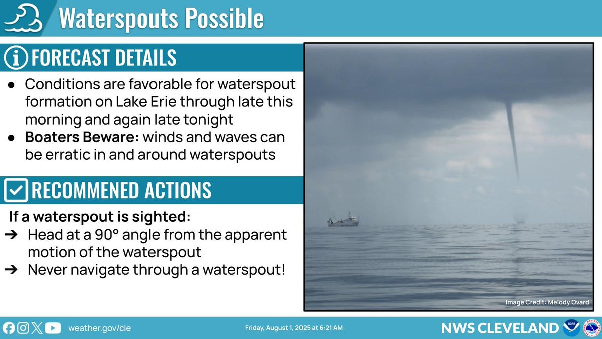 A Small Craft Advisory and Beach Hazards Statement remain in effect across the central basin of #LakeErie through late this afternoon. Additionally, there is the potential for waterspouts late this morning and again late tonight.