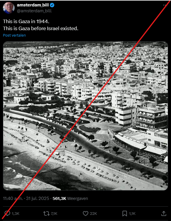 GeoConfirmed (@geoconfirmed) on Twitter photo GeoConfirmed ISR.
Since 7 october 2023 the claim that this is 'Gaza before Israël existed' is repeated over and over again.
It is not:
This is -ironically- Tel Aviv.
32.078219, 34.767238
Estimated around: 1942-1953
Already a year ago this was debunked by <a href="/snopes/">snopes.com</a>: GeoConfirmed ISR.
Since 7 october 2023 the claim that this is 'Gaza before Israël existed' is repeated over and over again.
It is not:
This is -ironically- Tel Aviv.
32.078219, 34.767238
Estimated around: 1942-1953
Already a year ago this was debunked by <a href="/snopes/">snopes.com</a>: