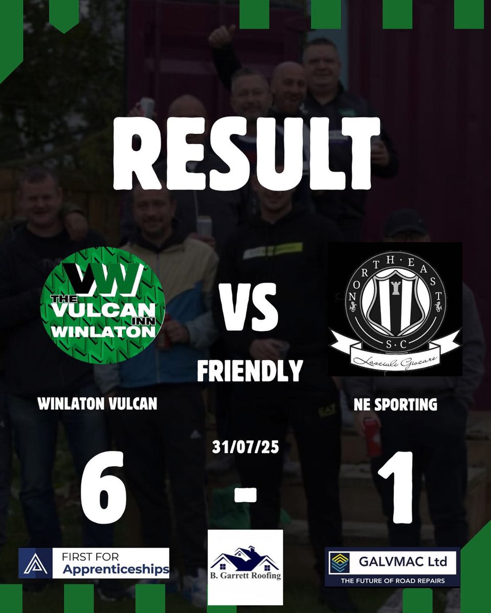 ⚽️ Pre-Season Friendly Recap ⚽️
The Vulcan Inn FC 6 - 1 North East Sporting Club

Goals:
🎩 Finlay (hat-trick)
⚽ Corey
⚽ Lippy
⚽ Dean Aiston (last kick of the game!)

After the final whistle, both teams headed back to the pub for some top-notch scran and a few bevvies #UTV