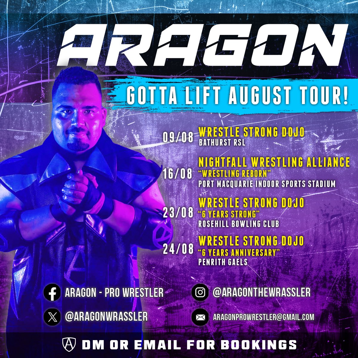 “GOTTA LIFT AUGUST TOUR!” 09/08 @wrestlestrongdojo Bathurst. 16/08 @nightfallalliance at Port Macquarie. WSD Anniversary shows on the 23rd at Rosehill Bowling Club  24th at Penrith Gaels. ARATIME. 📸 <a href="/NewPhotography/">New Photography Studios</a> #wrestlingtour #australianwrestling  #indywrestling #aratime
