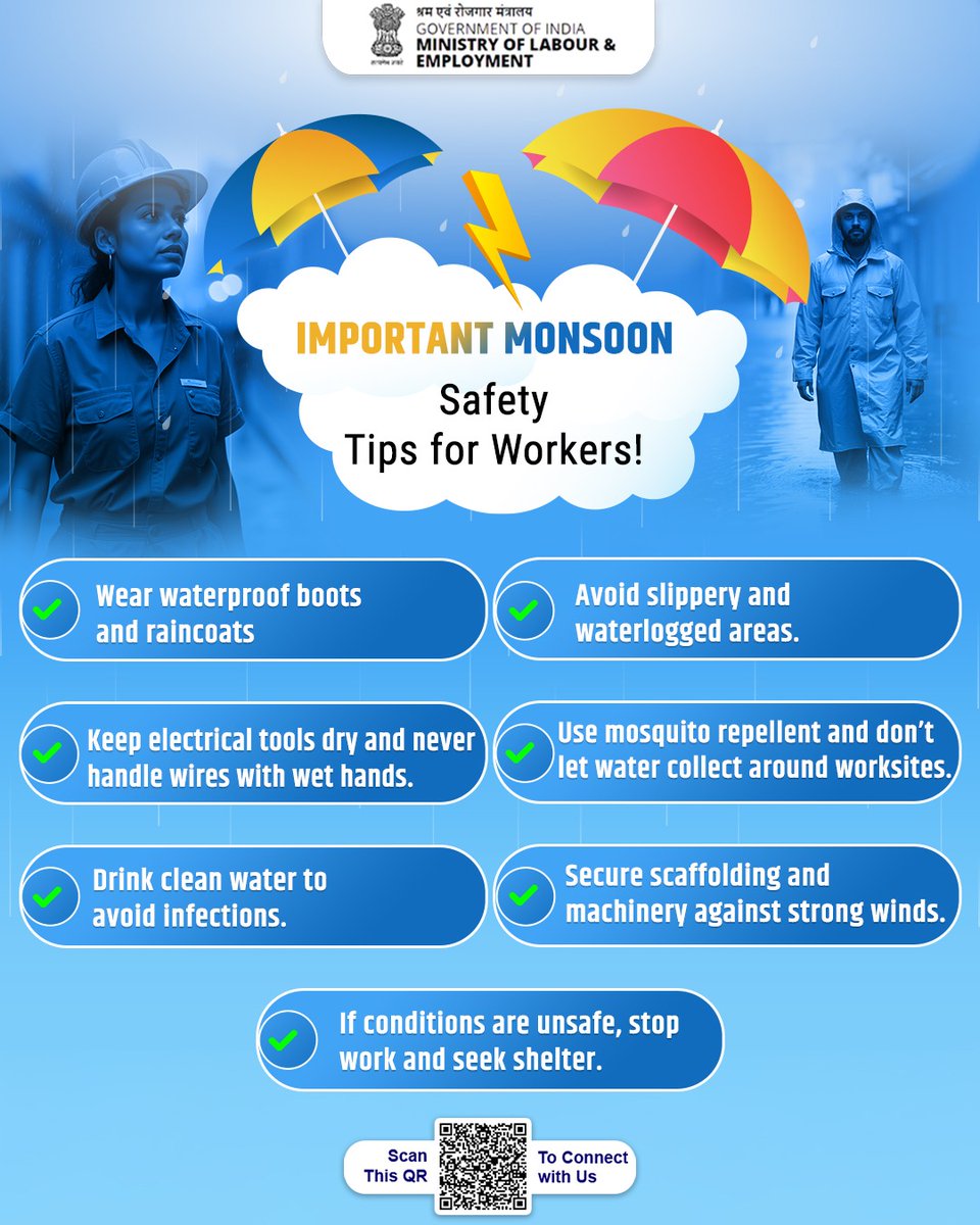 Strong Rains Need Stronger Precautions!⛈️

With rains intensifying across several regions, it is vital for employers and site managers to adopt proactive safety measures to protect workers from seasonal hazards.

#Monsoon 
#RainSafety 
#MoLE 
#LabourMinistryIndia