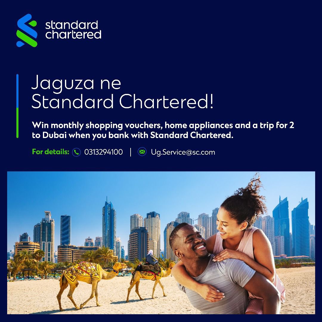 The new month is here! Join the #JaguzaNeStanChart promo and stand a chance to WIN:
•Shopping vouchers every month
•brand new home appliances
•A Dubai trip for two

Visit sc.com/ug for more details.
#HereForGood