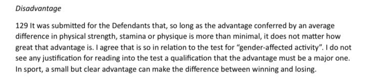 Some key things in this judgement, concluding that pool is a sex-affected sport. 

1. It is the existence and not magnitude of male advantage that is relevant. There is no condition in law that male advantage must be large for a sport to be sex-affected.