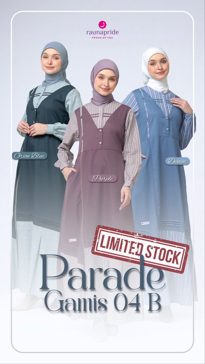Fresh Collection Parade Gamis 04B
--
Siapa yg bisa menolak desain layered yg unik dan modis? Tampilannya manis, elegan, dan tetap timeless.
Tersedia tiga warna cantik
WARNA : Orion Blue, Denim, Purple

MATERIAL
- Toyobo mix Cotton - Orion Blue &amp; Denim
- Karina mix Cotton - Purple