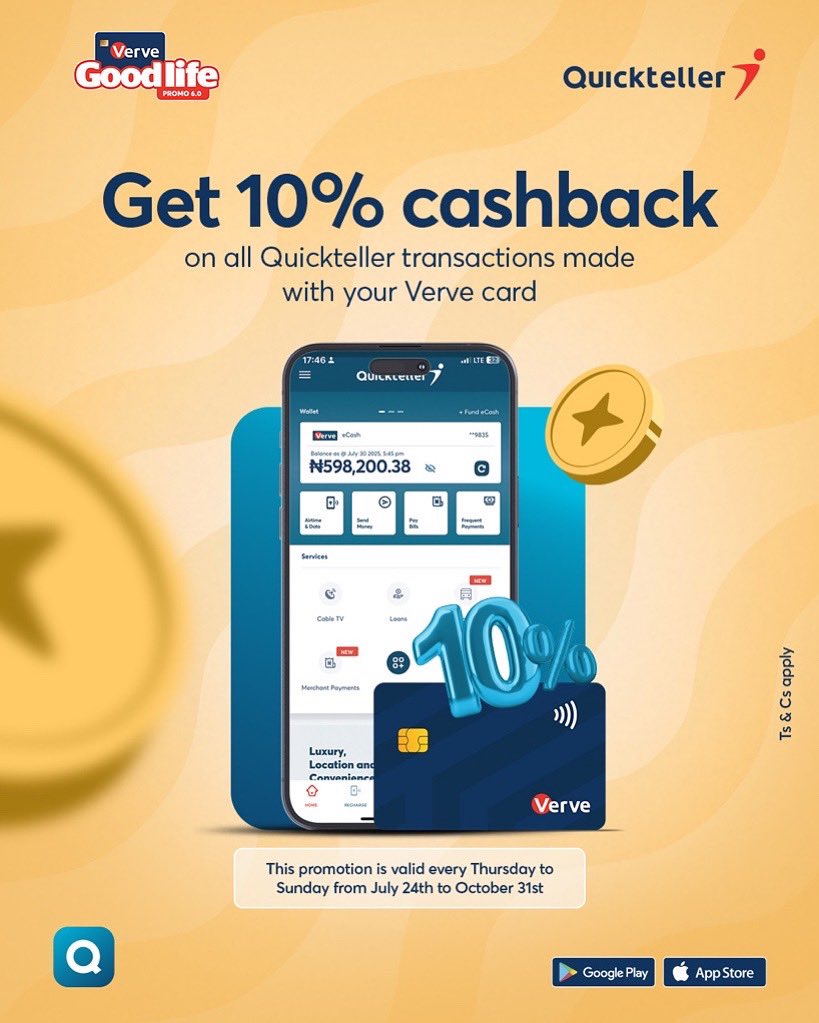 Quickteller (@quickteller) on Twitter photo Bill payments? Data top-up?
Whatever you’re paying for!
Get a 10% cashback when you use your <a href="/VerveCard/">Verve Card</a> on Quickteller, every Thursday to Sunday from now till October 31st, 2025.
T&Cs apply.
#Quickteller
#VerveGoodLifePromo6.0
#GetQuickteller
#PaymentsMadeEasy Bill payments? Data top-up?
Whatever you’re paying for!
Get a 10% cashback when you use your <a href="/VerveCard/">Verve Card</a> on Quickteller, every Thursday to Sunday from now till October 31st, 2025.
T&Cs apply.
#Quickteller
#VerveGoodLifePromo6.0
#GetQuickteller
#PaymentsMadeEasy