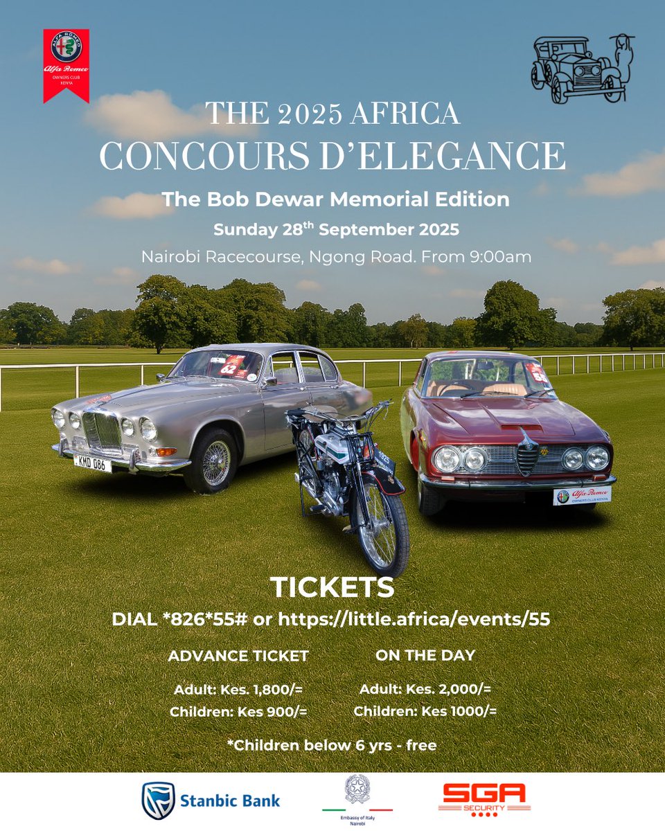 Africa Concours d’Elegance (@concours_kenya) on Twitter photo The countdown continues.
Africa Concours d’Elegance returns this September for a day of standout cars, motorcycles, fashion, food, and family fun, all organised by <a href="/arockenya/">Alfa Romeo Owners Club (Kenya)</a>.
🎩 Cars. Culture. Class.
🎟️ Dial *826*55# or little.africa/events/55 for tickets.
#ConcoursKenya The countdown continues.
Africa Concours d’Elegance returns this September for a day of standout cars, motorcycles, fashion, food, and family fun, all organised by <a href="/arockenya/">Alfa Romeo Owners Club (Kenya)</a>.
🎩 Cars. Culture. Class.
🎟️ Dial *826*55# or little.africa/events/55 for tickets.
#ConcoursKenya