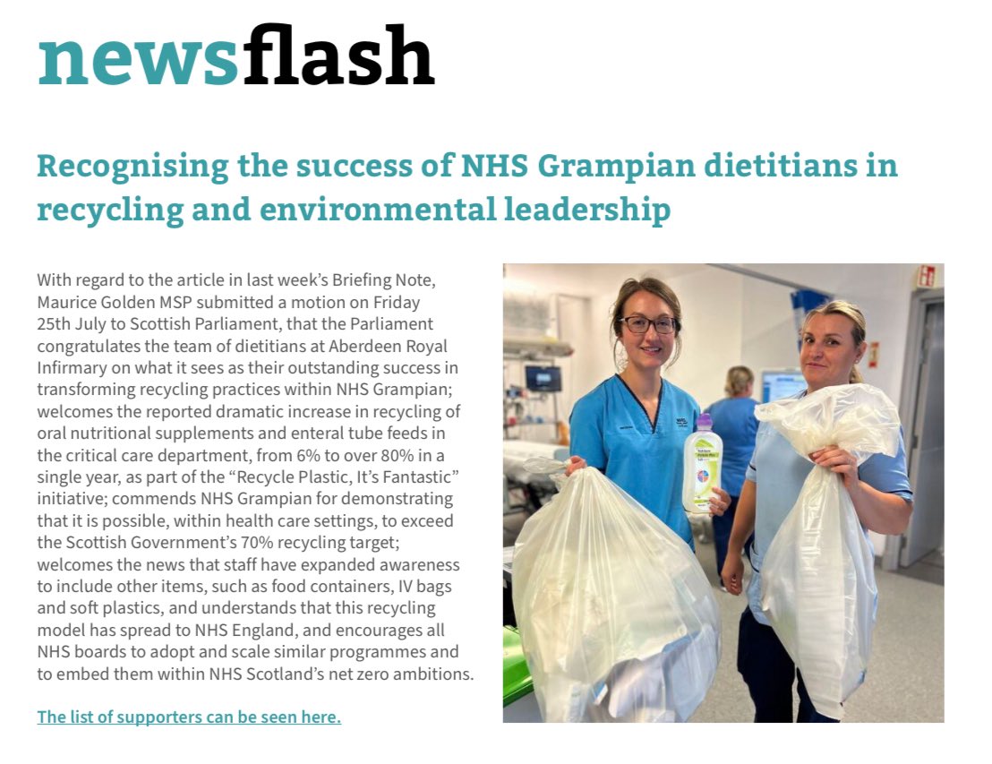 Pleased to see my motion celebrating the Aberdeen Royal Infirmary dietitians’ recycling success featured in the RMAS newsletter. Great recognition for a great team!