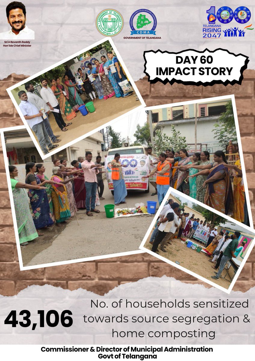 43,106 households sensitized on source segregation and home composting—empowering citizens to lead the change, one bin at a time #OkaMarpu_AbhivrudhikiMalupu #TelanganaRising2047