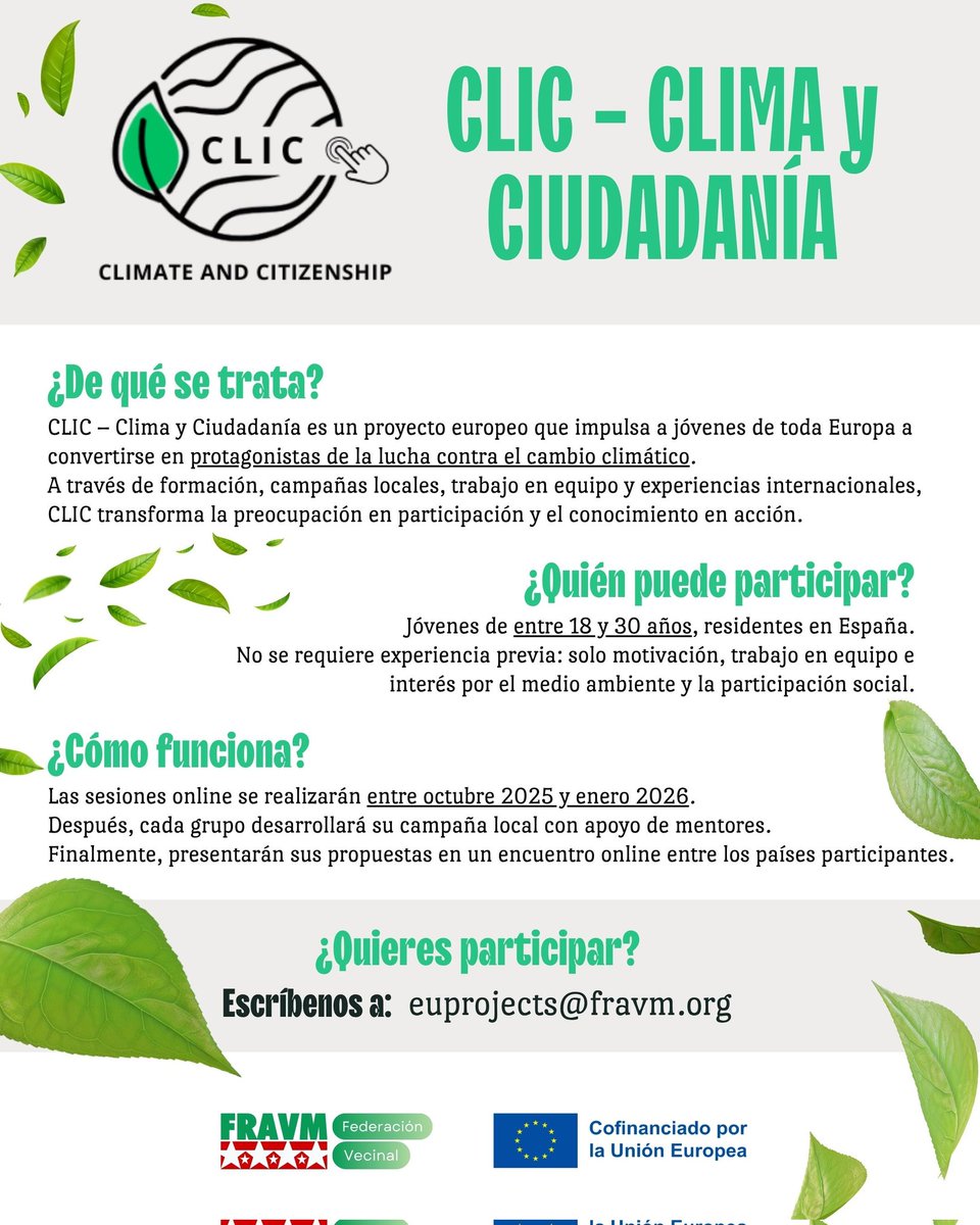 Òscar O. Santos-Sopena (@osantossopena) on Twitter photo ¿Tienes entre 18 y 30 años y te interesa el medio ambiente? 🌱
Participa en el proyecto CLIC y diseña tu propia campaña climática, recibe formación y conecta con jóvenes de Europa.
Si te interesa escríbenos a📩 euprojects@fravm.org
¡Haz 🌍#CLICporElPlaneta!
<a href="/FRAVM/">Federación Vecinal de Madrid</a> <a href="/EducaFRAVM/">Educación FRAVM</a> ¿Tienes entre 18 y 30 años y te interesa el medio ambiente? 🌱
Participa en el proyecto CLIC y diseña tu propia campaña climática, recibe formación y conecta con jóvenes de Europa.
Si te interesa escríbenos a📩 euprojects@fravm.org
¡Haz 🌍#CLICporElPlaneta!
<a href="/FRAVM/">Federación Vecinal de Madrid</a> <a href="/EducaFRAVM/">Educación FRAVM</a>