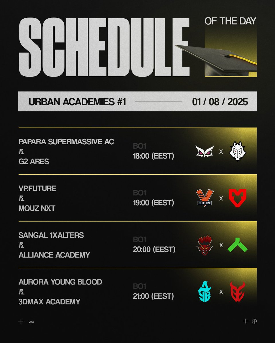 [Day 1] 

Good afternoon! 😁 Urban Academies 1 kicks off with these matches:

18:00 EEST // 🇹🇷 SM Ac vs 🇩🇪 G2 ARES 
19:00 EEST // 🇦🇲 VP.F vs 🇩🇪 MOUZ NXT
20:00 EEST // 🇹🇷 Sangal Ac vs 🇸🇪 Alliance Ac
21:00 EEST // 🇷🇸 Aurora YB vs 🇫🇷 3DMAX Ac

Watch: twitch.tv/urbancontenders