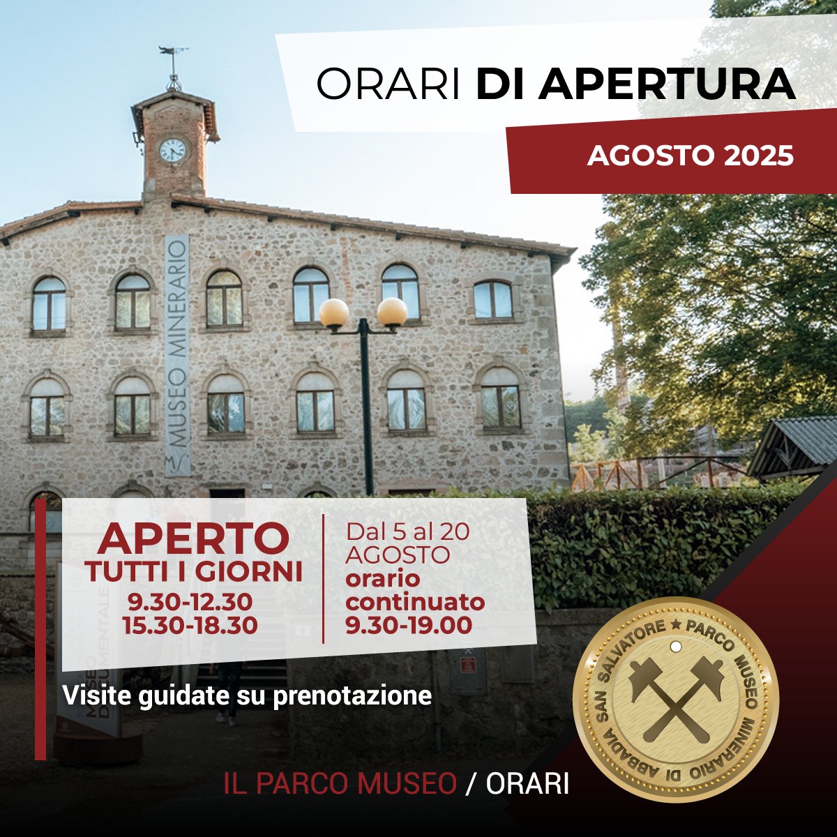 ⚡AD #AGOSTO SIAMO APERTI TUTTI I GIORNI ANCHE CON ORARIO CONTINUATO!

👉Il Parco #Museo Minerario sarà aperto tutti i giorni  9.30-12.30 e 15.30-18.30 dal 1 °al 4 Agosto e dal 21 al 31 Agosto
👉Dal 5 al 20 Agosto orario continuato 9.30-19.00

✍️Visite guidate su prenotazione