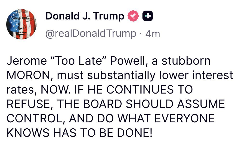 BitcoinMagazine's tweet image. JUST IN: 🇺🇸 President Trump says that if the FED Chair refuses to cut rates, “THE BOARD SHOULD ASSUME CONTROL.”