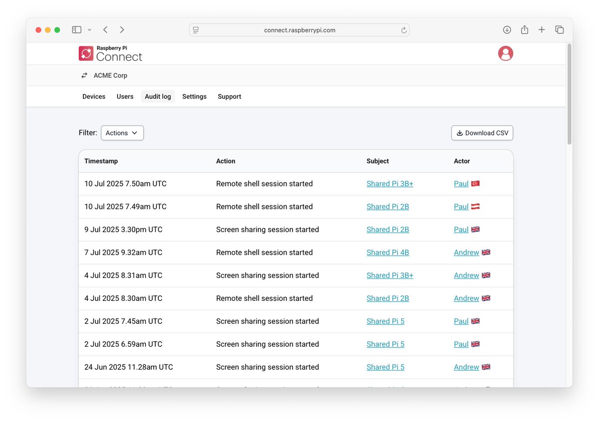 🚨 UPDATE 🚨

Improvements to Raspberry Pi Connect for Organisations' audit log make it easy for admins to review activity from the past 90 days.

raspberrypi.com/news/connect-f…